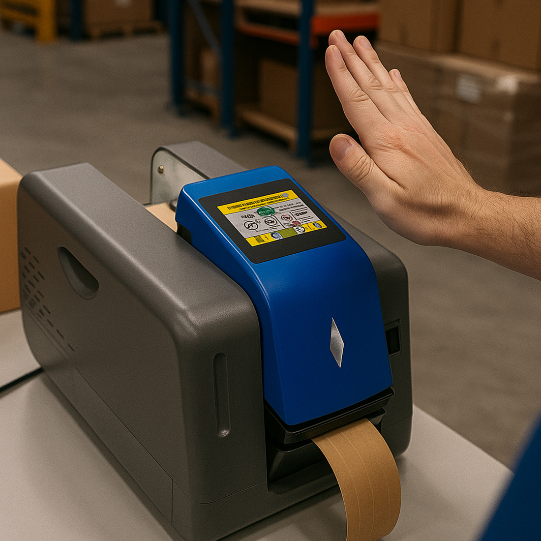 dyspenser taśmy aktywowanej wodą, czujnik ruchu, automatyczny dyspenser taśmy, Bublaki BT-D23, taśma papierowa wodna, bezdotykowy dyspenser, dispenser water tape, urządzenie do pakowania, sprzęt magazynowy, automatyzacja pakowania, Bublaki BT-D23 funkcje