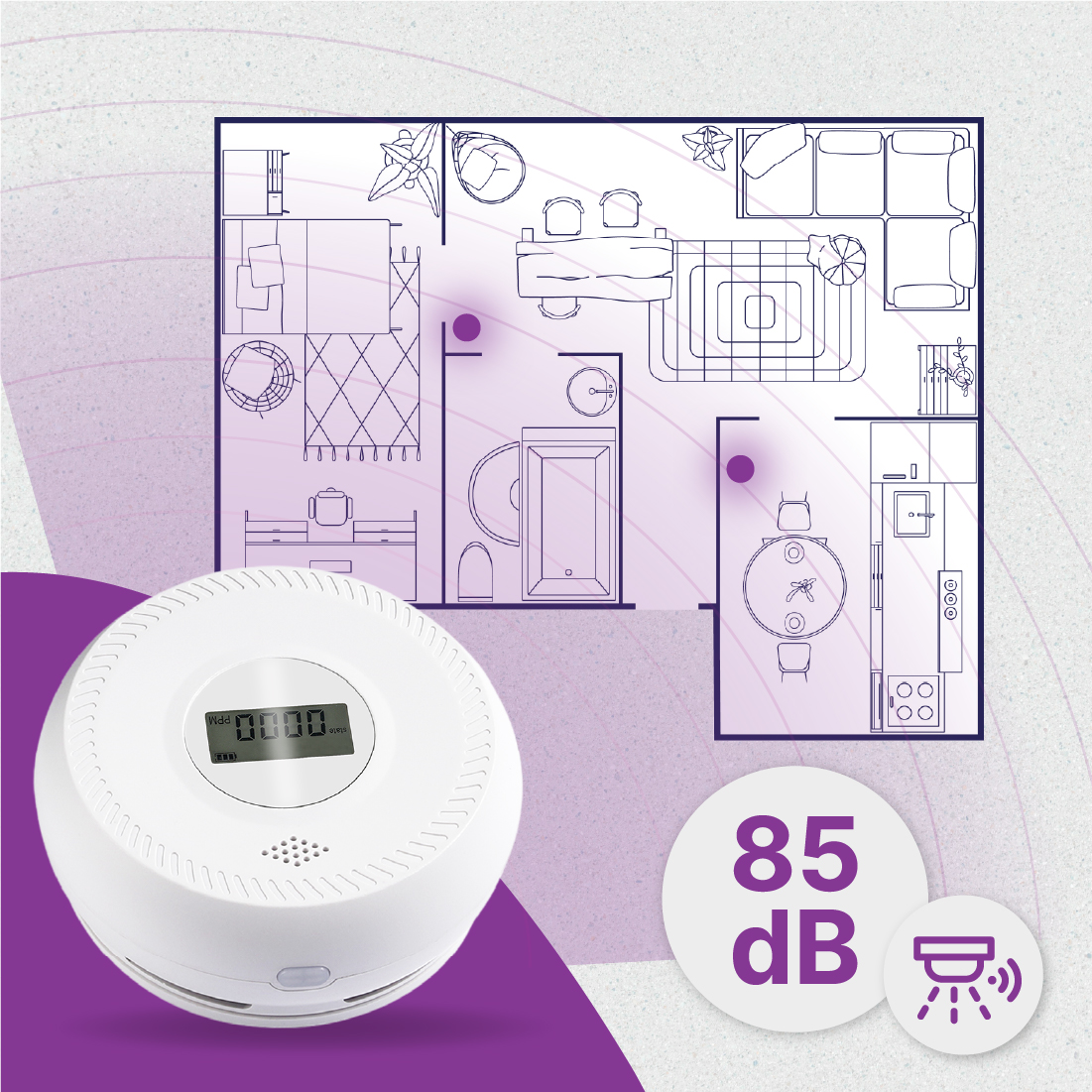 alarm czadu 85dB, czujnik czadu głośny alarm, czujnik dymu syrena, czujnik czadu sygnał dźwiękowy, alarm CO dom, czujnik czadu ostrzeganie, czujnik dymu alarm, czujnik czadu bezpieczeństwo, alarm czadu noc, czujnik czadu głośny