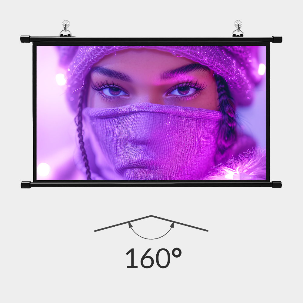 kąt widzenia 160 stopni, szeroki kąt ekranu, oglądanie pod kątem, komfort widowni, ekran projekcyjny ścienny, 92 cali, 16 9, spotkania i seanse