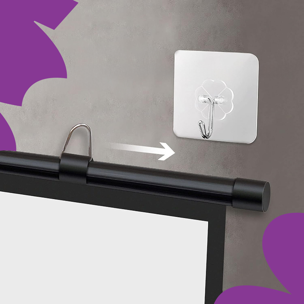 regulowane uchwyty ekranu, przesuwne wieszaki, łatwy montaż, bez wiercenia powtórnego, bezpieczne mocowanie, ekran ścienny Spacetronik