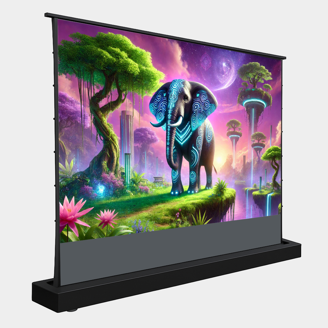 ekran projekcyjny, podłogowy ekran, kino domowe, projektor, projekcja, przenośny ekran projekcyjny, kino na podwórku, zewnętrzne kino domowe, ekran do projektora, projekcyjny ekran, 84 cali, wysoka jakość, ekran 4K, ekran HD, szybkie rozstawienie, ekran na podłogę, gazowo nożycowa rama, stabilny ekran, ekran przenośny, ekran na każdą powierzchnię