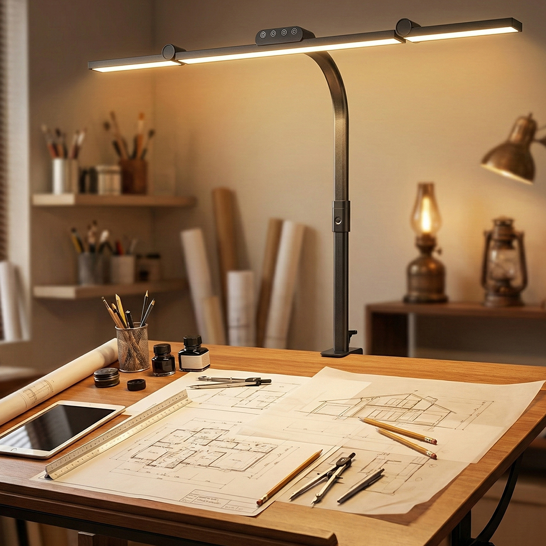 lampa biurkowa LED bezcieniowa Spacetronik Glow D9 lampa kreślarska lampa do rysowania lampa do biura lampa LED do pracy profesjonalna lampa biurkowa CRI 95 regulacja barwy