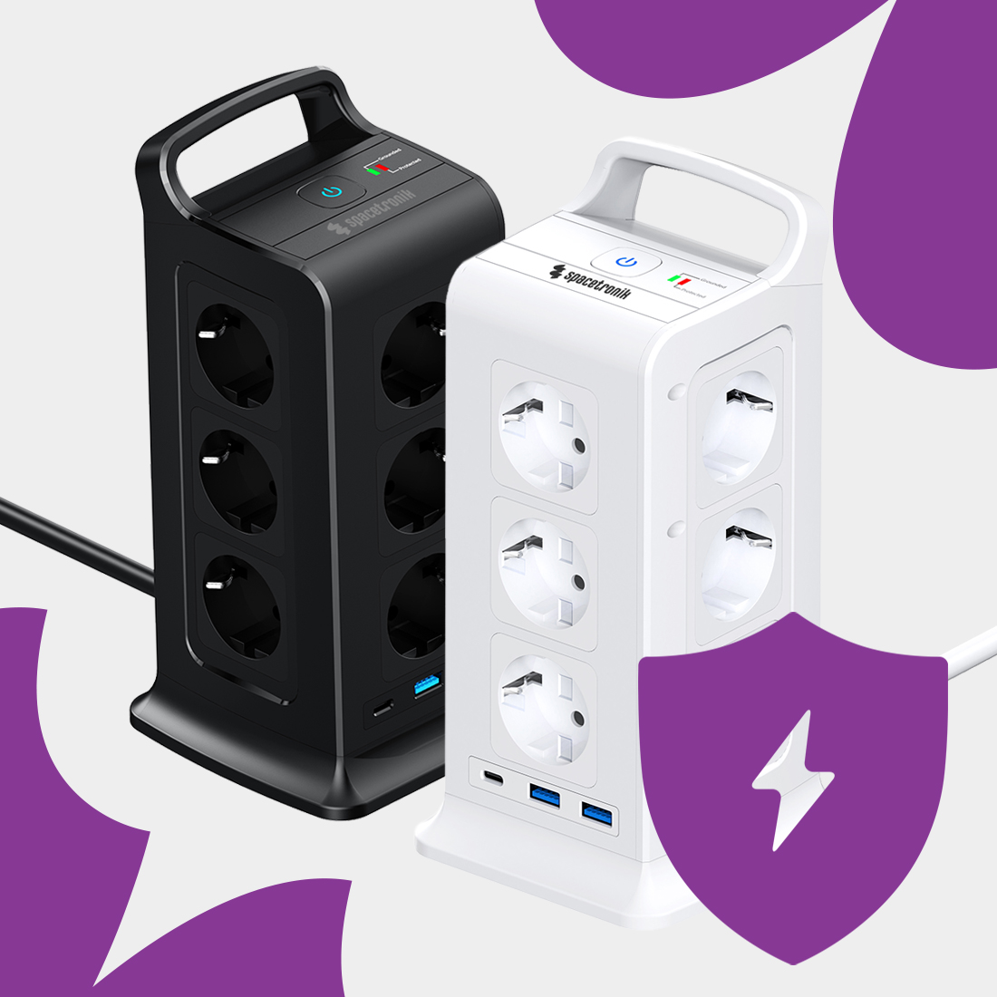 listwa pionowa Spacetronik SPSPS03W, pionowy rozgałęźnik prądowy, listwa antyprzepięciowa 12 gniazd, listwa z USB i USB-C, listwa z zabezpieczeniem przepięciowym, listwa biurowa pionowa, listwa do komputera i laptopa, listwa elektryczna do domu