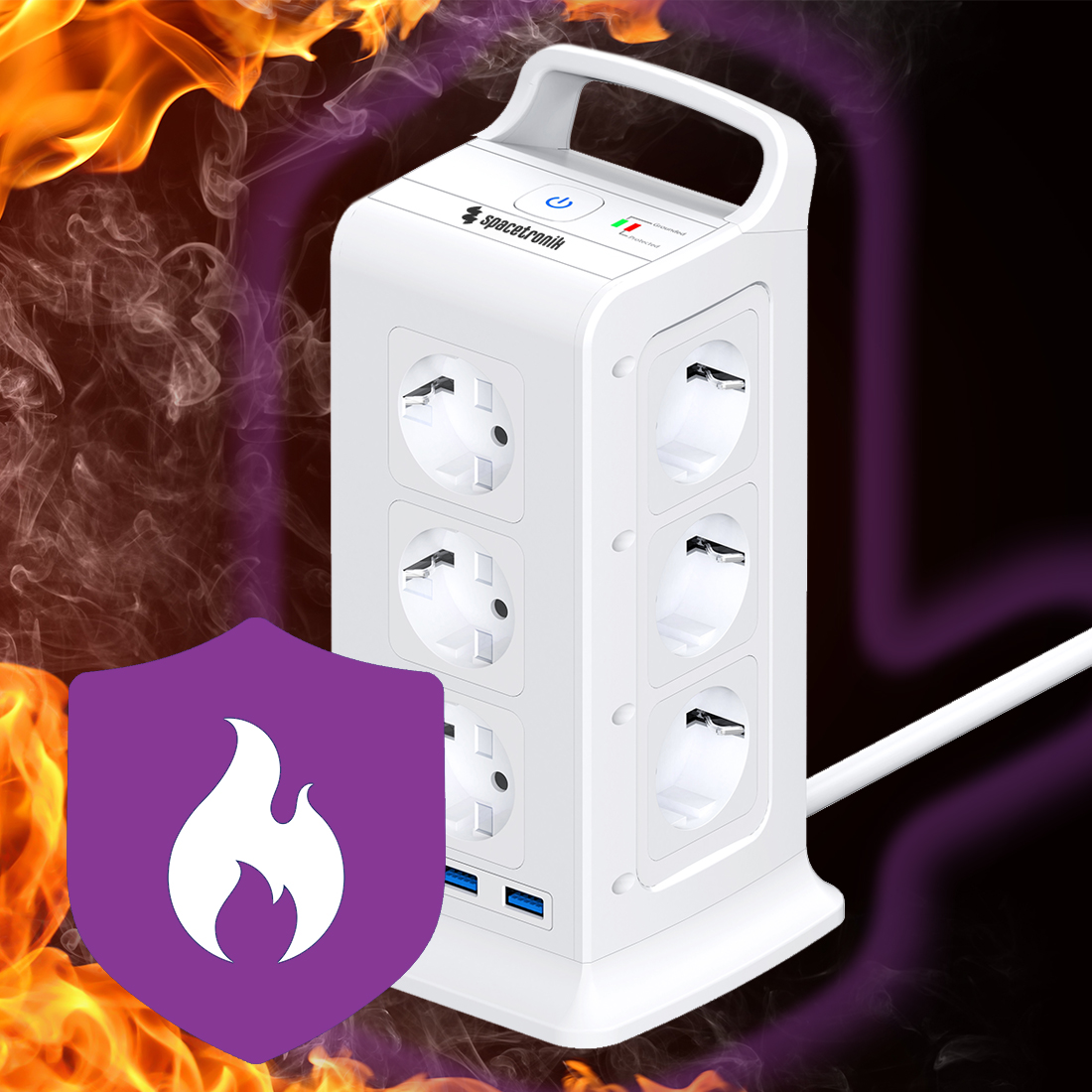 listwa pionowa Spacetronik SPSPS03W, pionowy rozgałęźnik prądowy, listwa antyprzepięciowa 12 gniazd, listwa z USB i USB-C, listwa z zabezpieczeniem przepięciowym, listwa biurowa pionowa, listwa do komputera i laptopa, listwa elektryczna do domu