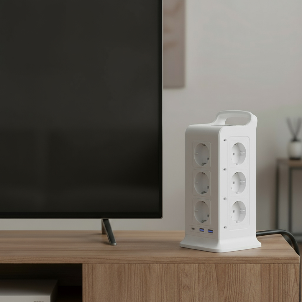 listwa pionowa Spacetronik SPSPS03W, pionowy rozgałęźnik prądowy, listwa antyprzepięciowa 12 gniazd, listwa z USB i USB-C, listwa z zabezpieczeniem przepięciowym, listwa biurowa pionowa, listwa do komputera i laptopa, listwa elektryczna do domu