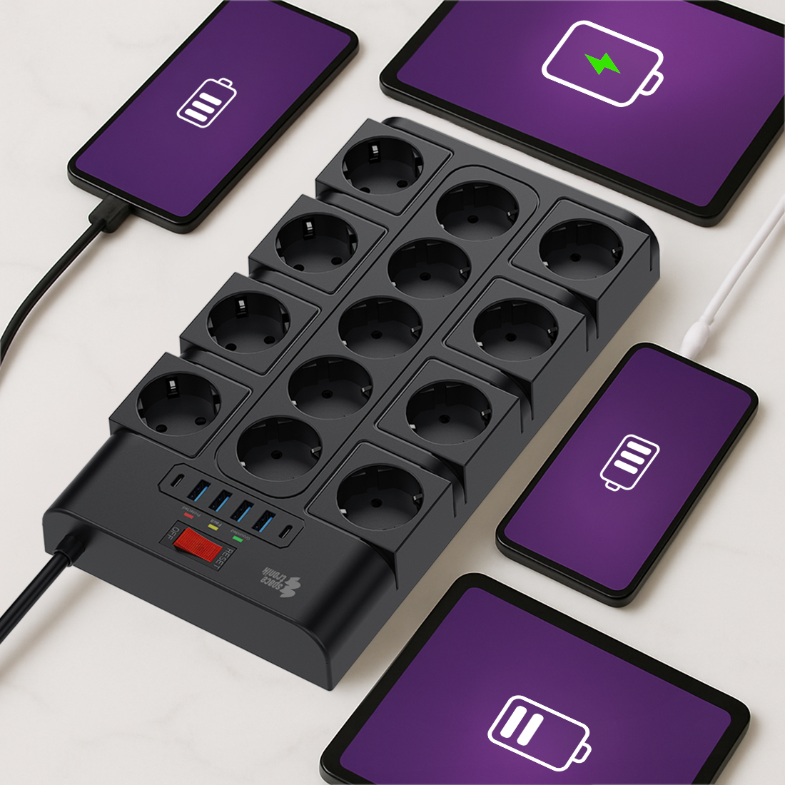 listwa zasilająca usb a i usb c, listwa spacetronik z portami usb, przedłużacz usb szybkie ładowanie