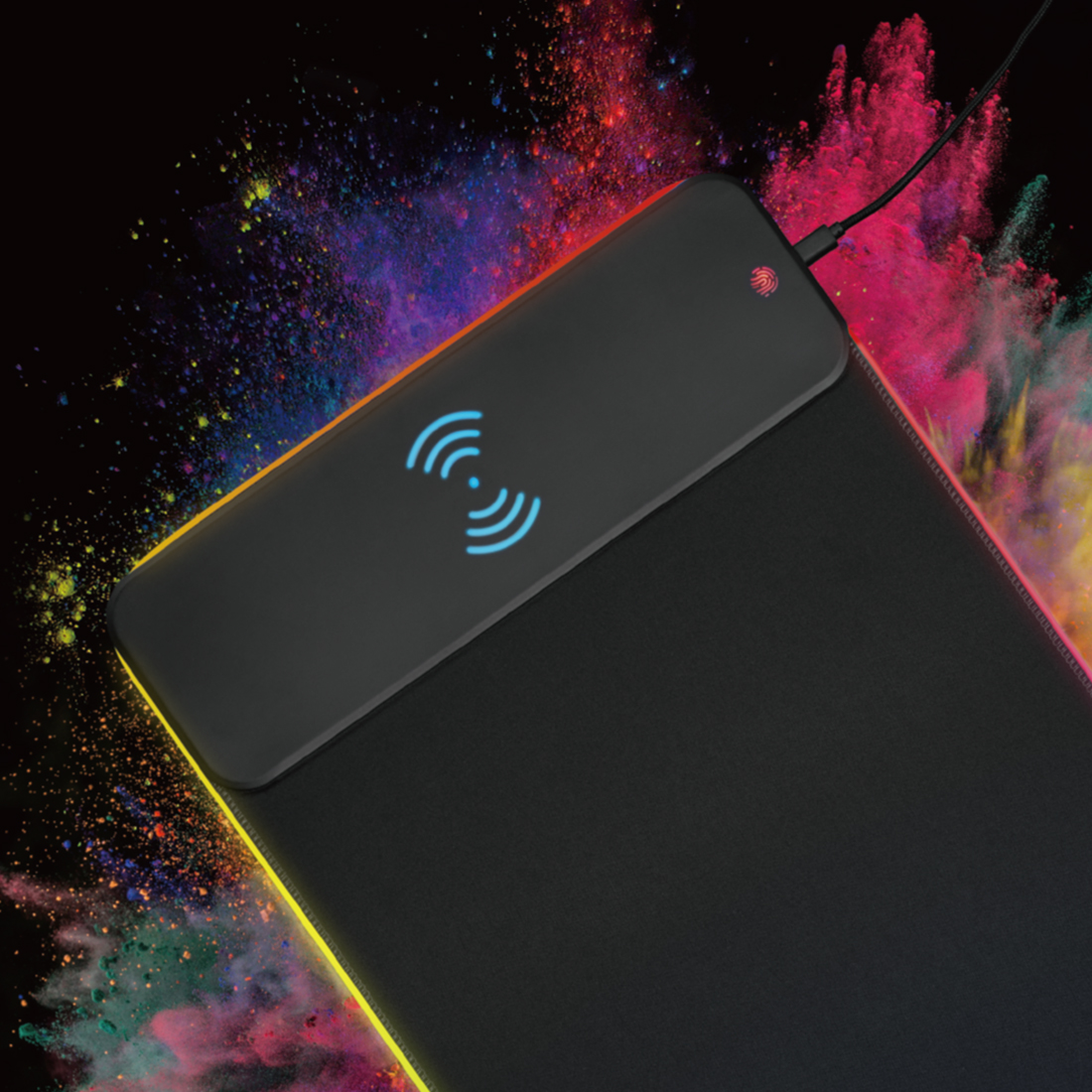 mata gamingowa RGB Spacetronik, podkładka z ładowarką Qi, mata do gier 80x30, podświetlana podkładka, gumowa mata gamingowa, duża mata RGB, podkładka z obszyciem, wodoodporna mata gamingowa