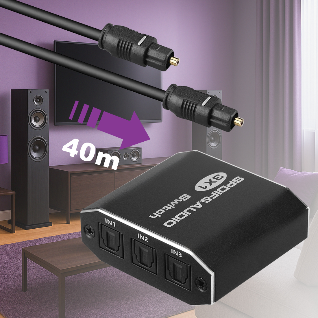optyczny rozdzielacz audio SPDIF, splitter toslink, 40 m zasięgu optycznego