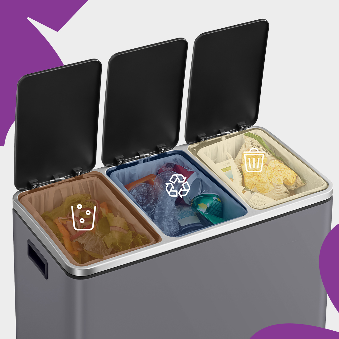 kosz na śmieci z potrójną komorą, kosz na recykling i odpady, kosz stal nierdzewna soft-close, nowoczesny kosz kuchenny, kosz z cichym domykiem, elegancki kosz na śmieci, kosz do segregacji odpadów, kosz Spacetronik SFFT0031_V7