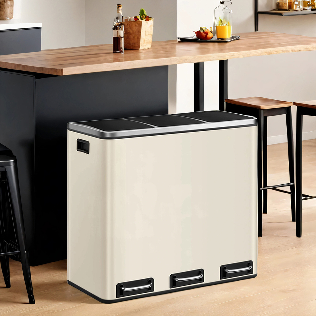 kosz na śmieci z potrójną komorą, kosz na recykling i odpady, kosz stal nierdzewna soft-close, nowoczesny kosz kuchenny, kosz z cichym domykiem, elegancki kosz na śmieci, kosz do segregacji odpadów, kosz Spacetronik SFFT0031_V7
