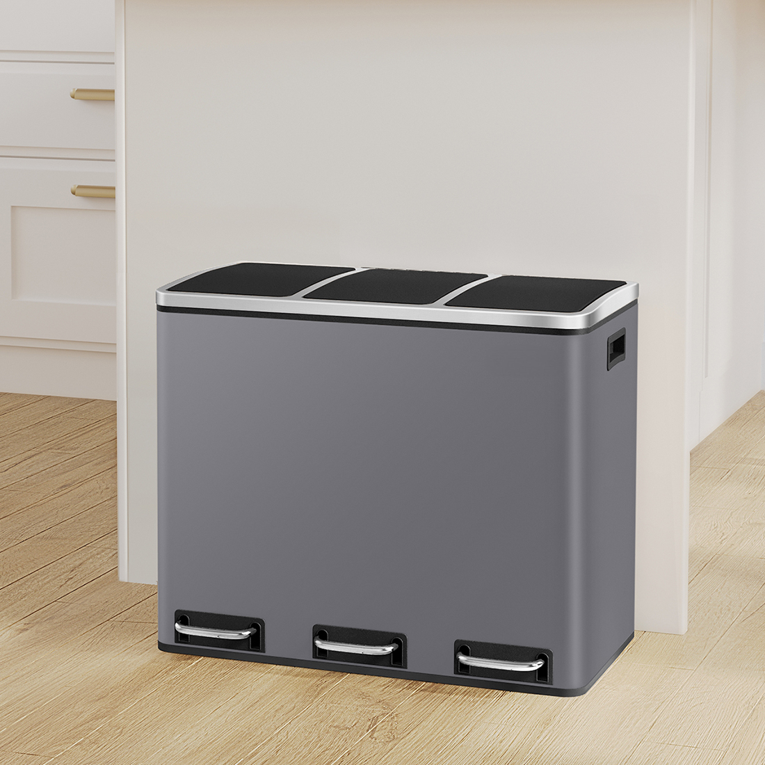kosz na śmieci z potrójną komorą, kosz na recykling i odpady, kosz stal nierdzewna soft-close, nowoczesny kosz kuchenny, kosz z cichym domykiem, elegancki kosz na śmieci, kosz do segregacji odpadów, kosz Spacetronik SFFT0031_V8
