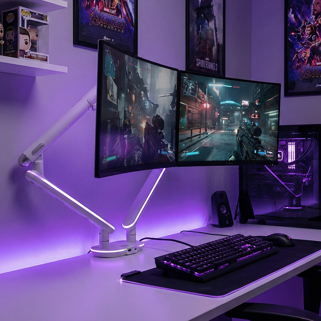 ramię do monitora dla gracza, RGB gaming, uchwyt RGB, podświetlenie gaming, monitor arm gaming RGB, strefa gracza biurko, uchwyt podwójny gaming, ergonomia gracza, akcesoria gamingowe RGB, stanowisko gamingowe