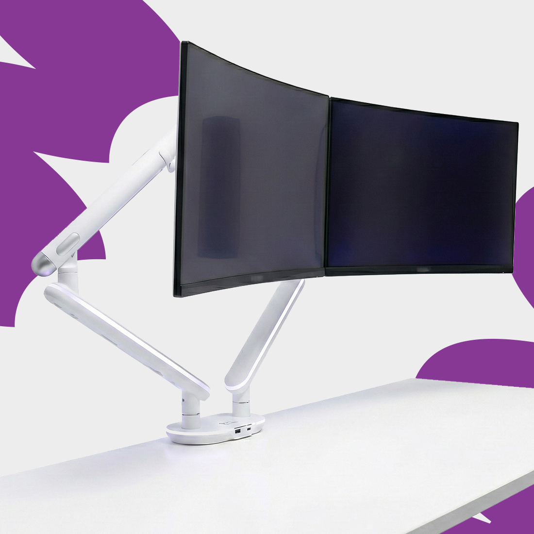 biały uchwyt do monitora, minimalistyczny uchwyt aluminiowy, monitor arm white, design biurkowy, organizacja kabli, stylowe stanowisko pracy, aluminium ramię, uchwyt podwójny biały, profesjonalne biurko, akcesoria biurowe premium