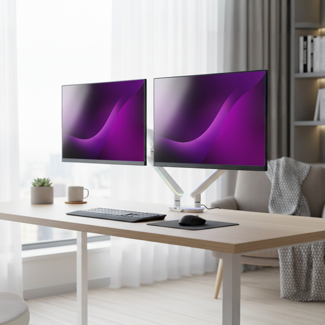 ergonomia biurka, porządek na biurku, uchwyt do monitora ergonomiczny, organizacja biurka, ramię do monitora białe, profesjonalne stanowisko pracy, ramię do dwóch monitorów, biurko minimalizm, zarządzanie przestrzenią, uchwyt aluminiowy