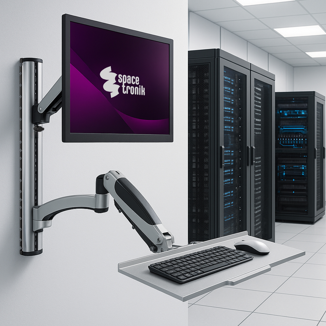 uchwyt ścienny na monitor, uchwyt na klawiaturę, składane biurko na ścianę, uchwyt VESA 13 27 cali, ergonomiczne stanowisko pracy, regulowany uchwyt do monitora, uchwyt sit stand, spacetronik spaw120