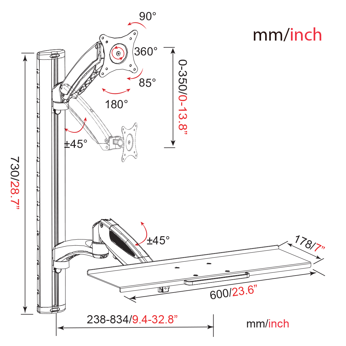 uchwyt ścienny na monitor, uchwyt na klawiaturę, składane biurko na ścianę, uchwyt VESA 13 27 cali, ergonomiczne stanowisko pracy, regulowany uchwyt do monitora, uchwyt sit stand, spacetronik spaw120