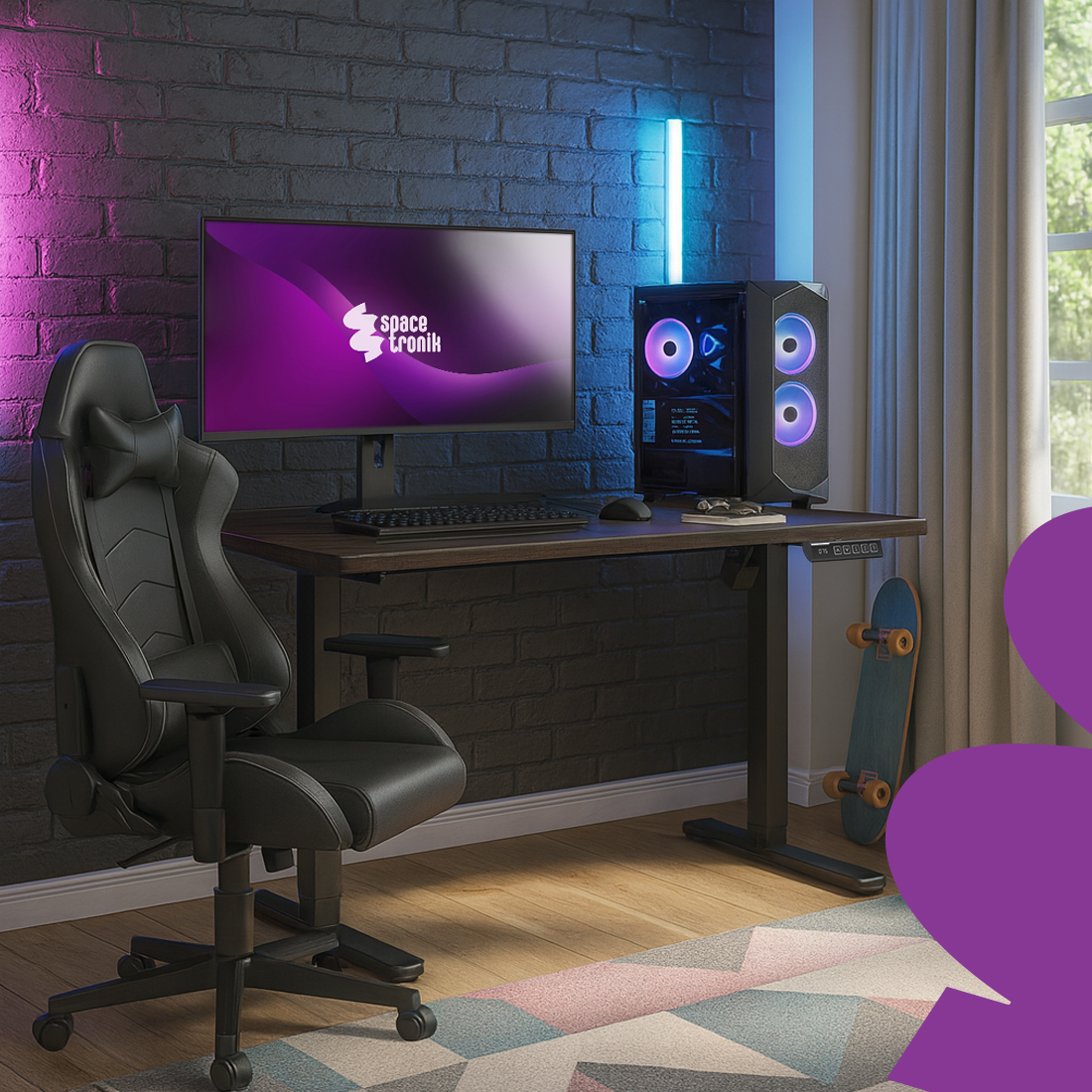 Spacetronik SPE126B, udźwig 80 kg, stanowisko gamingowe, home office, nauka i praca, wielomonitorowy setup, stabilna podstawa, pamięć wysokości, ergonomia, estetyczne stanowisko