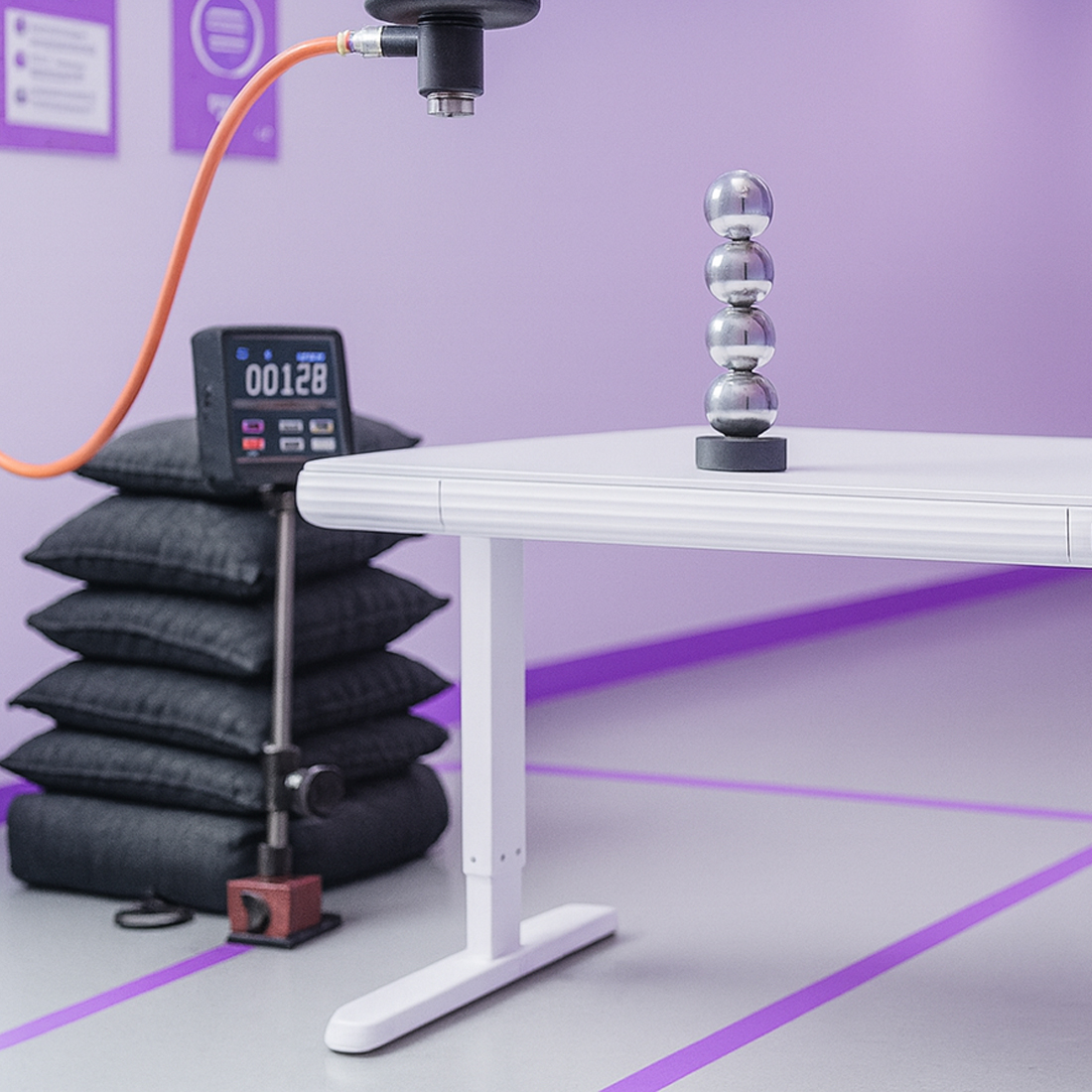 biurko bezpieczne szkło, drop test 0.8 m, panel antyodpryskowy, biurko testowane, biurko dla dzieci i dorosłych, trwałe biurko szklane, bezpieczne krawędzie, stabilne biurko, certyfikowane testy, solidna rama