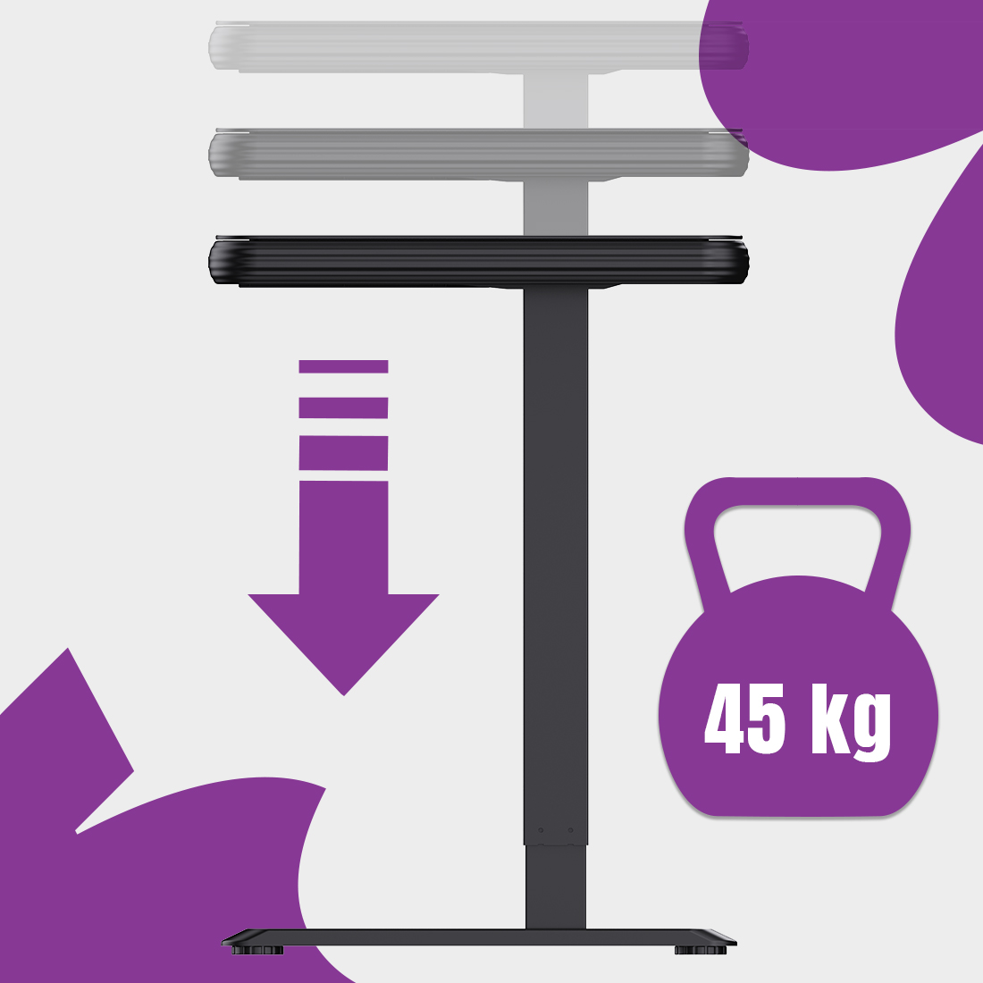biurko stabilne 45 kg, regulacja 735 1180 mm, prędkość 20 mm s, biurko do pracy i nauki, biurko do komputera, stojące biurko, regulowane biurko, ergonomiczne stanowisko, solidna konstrukcja, pewna praca