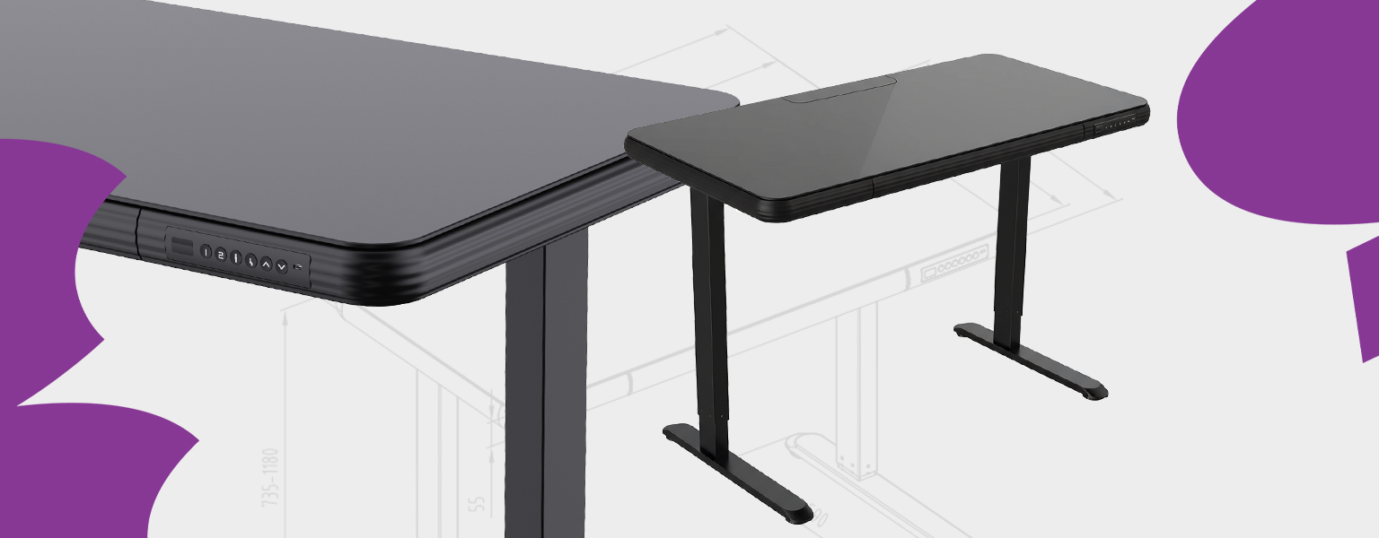 biurko z regulacją wysokości szkło hartowane, biurko z szufladą i USB 120 cm, biurko do pracy stojąco siedząco ET156 C, biurko szklane ergonomiczne do home office, biurko z regulacją 735 1180 mm, biurko 45 kg udźwig, biurko premium do biura, czarne biurko szklany bla