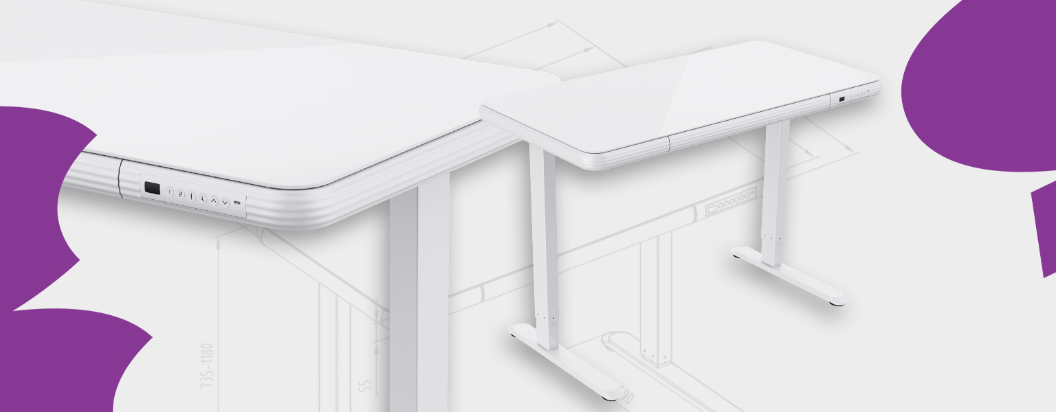 biurko z regulacją wysokości szkło hartowane, biurko z szufladą i USB 120 cm, biurko do pracy stojąco siedząco ET156 C, biurko szklane ergonomiczne do home office, biurko z regulacją 735 1180 mm, biurko 45 kg udźwig, biurko premium do biura, białe biurko szklany bla
