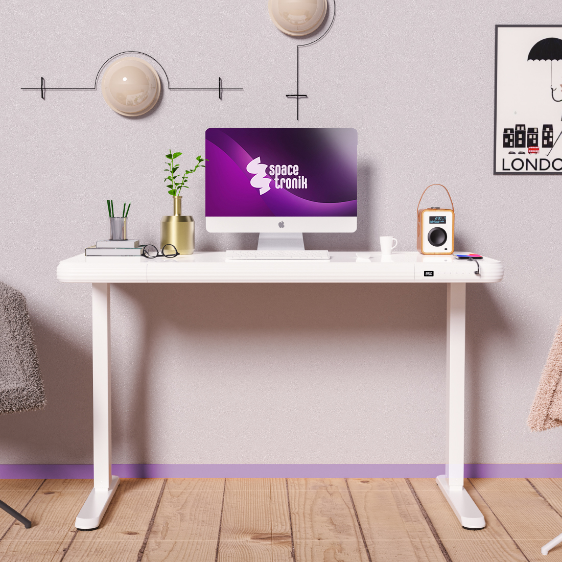 biurko z regulacją wysokości szkło hartowane, biurko z szufladą i USB 120 cm, biurko do pracy stojąco siedząco ET156 C, biurko szklane ergonomiczne do home office, biurko z regulacją 735 1180 mm, biurko 45 kg udźwig, biurko premium do biura, białe biurko szklany bla
