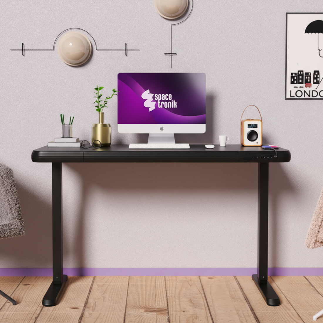 biurko z regulacją wysokości szkło hartowane, biurko z szufladą i USB 120 cm, biurko do pracy stojąco siedząco ET156 C, biurko szklane ergonomiczne do home office, biurko z regulacją 735 1180 mm, biurko 45 kg udźwig, biurko premium do biura, czarne biurko szklany bla
