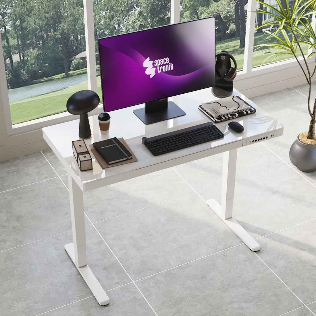 biurko elektryczne szklane spacetronik, biurko regulowane wysokość usb, biurko gamingowe z szufladą, biurko nowoczesne hartowane szkło, biurko komputerowe usb c, biurko do pracy i gamingu, biurko regulowane z portami usb, biurko elektryczne z pamięcią ustawień