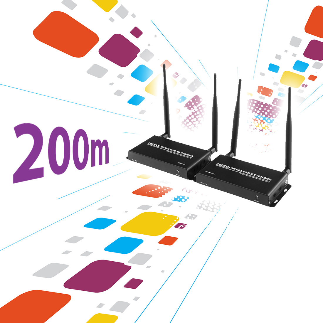 transmiter HDMI bezprzewodowy, bezprzewodowe HDMI do telewizora, transmiter HDMI 200m, HDMI bez kabla, bezprzewodowy sygnał HDMI, HDMI wireless do projektora, przesył HDMI bez opóźnień, transmiter obrazu HDMI