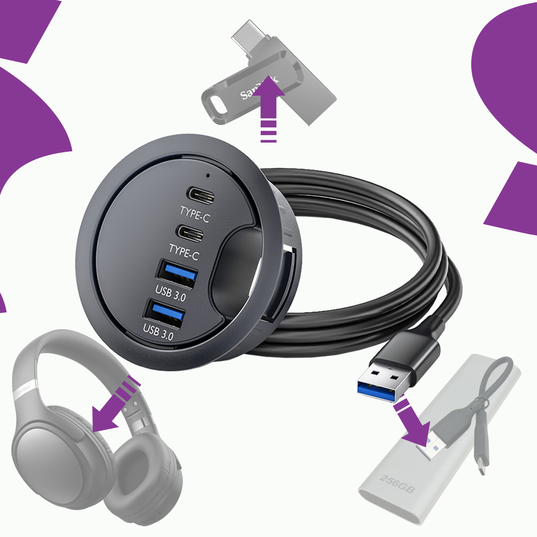 hub usb-a usb-c jack opis cech, uniwersalny hub do biurka 60mm