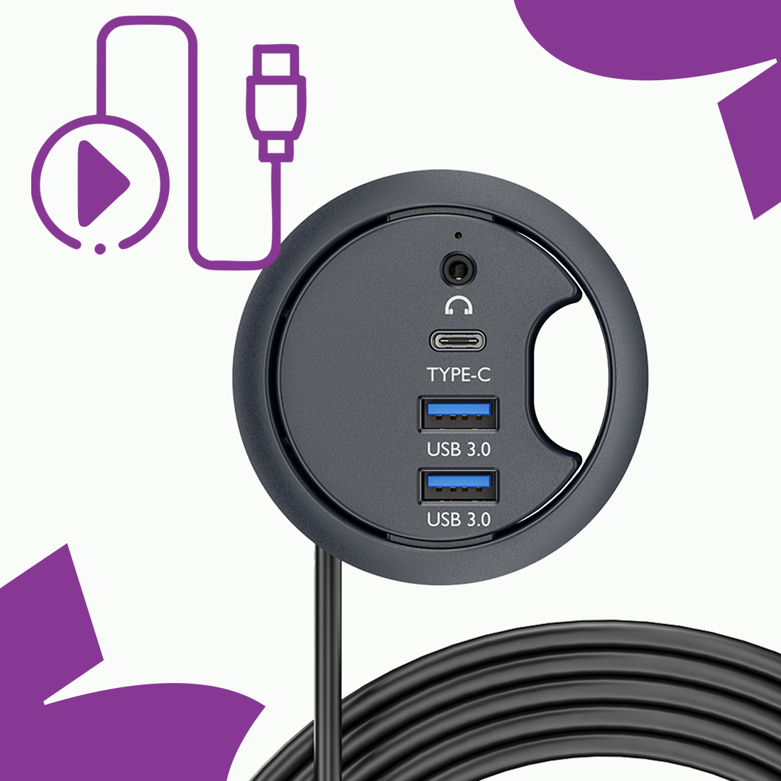 hub plug and play usb montażowy 60mm biurko