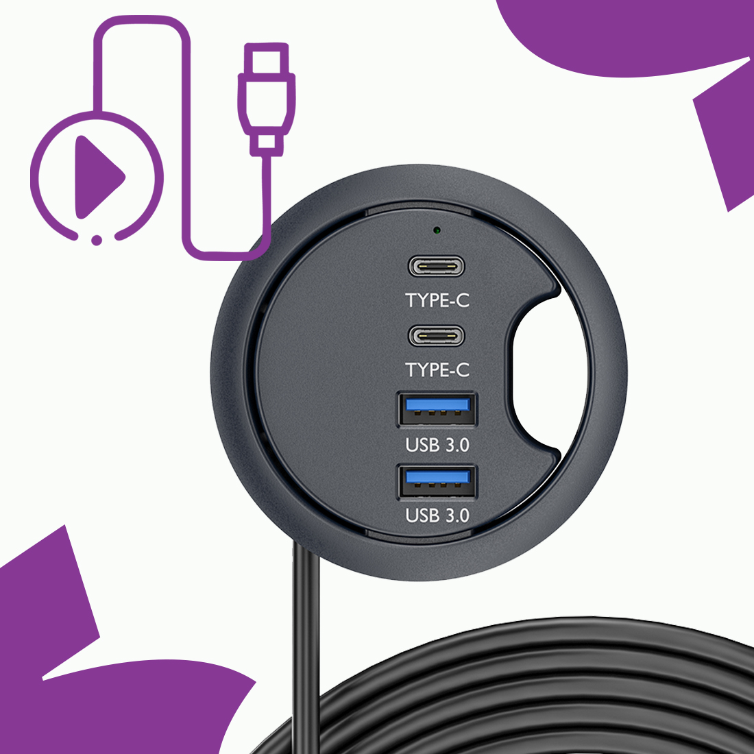 hub plug and play usb montażowy 60mm biurko