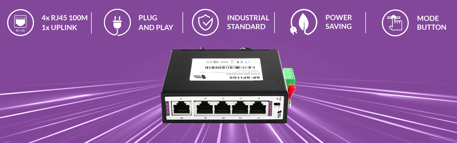 Switch Ethernet, Spacetronik switch, 5 portowy switch, Gigabit switch, switch do przemysłowych zastosowań, szybki switch, sieciowy przełącznik, przełącznik Ethernet, 10/100M switch, VLAN switch, Plug&Play switch, wytrzymały switch, metalowa obudowa switcha, switch z automatyczną negocjacją, przełącznik z LED wskaźnikami, przełącznik z certyfikatami CE, przełącznik z certyfikatami FCC, przełącznik z certyfikatami RoHS, switch z funkcją Loop alarm, inteligentny switch, switch sieciowy, switch z