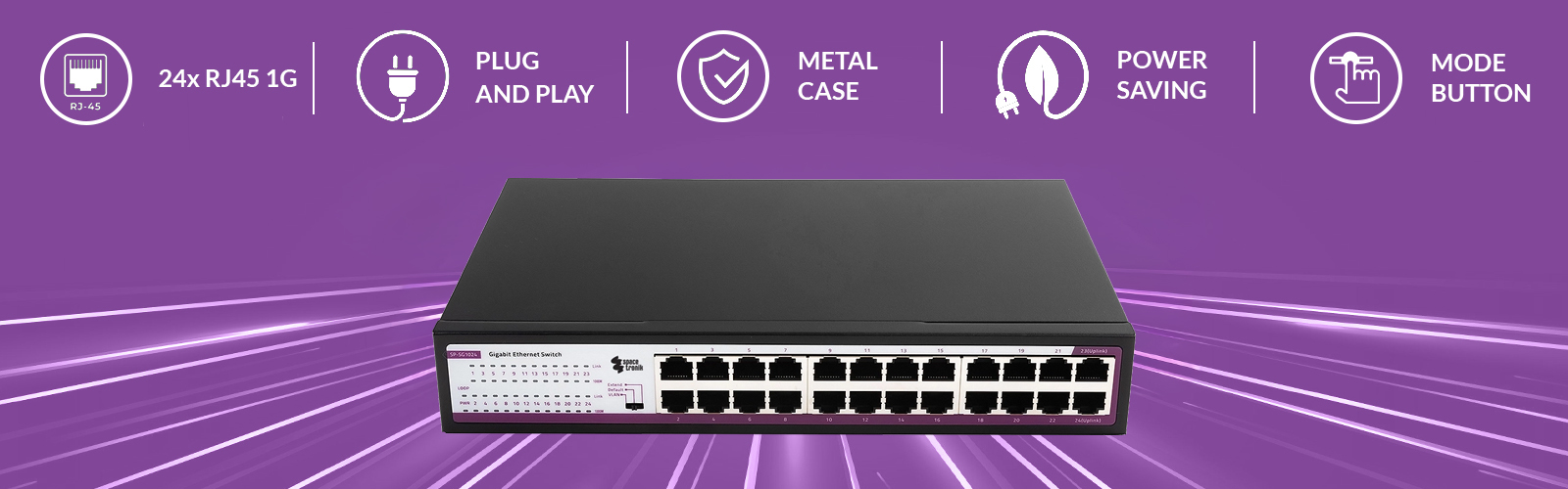 Switch Ethernet, Spacetronik switch, 24 portowy switch, Gigabit switch, switch do biura, switch do domu, szybki switch, sieciowy przełącznik, przełącznik Ethernet, 10/100/1000M switch, VLAN switch, Plug&Play switch, wytrzymały switch, metalowa obudowa switcha, switch z automatyczną negocjacją, przełącznik z LED wskaźnikami, przełącznik z certyfikatami CE, przełącznik z certyfikatami FCC, przełącznik z certyfikatami RoHS, switch z funkcją Loop alarm, inteligentny switch, switch sieciowy, switch z