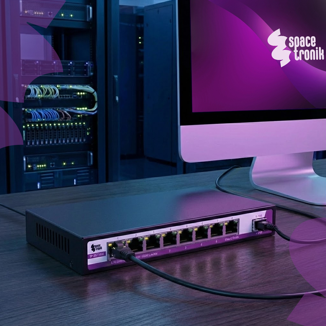 Switch Ethernet, Spacetronik switch, 9 portowy switch, 2,5G switch, switch do biura, switch do domu, szybki switch, sieciowy przełącznik, przełącznik Ethernet, 10G switch, Plug&Play switch, wytrzymały switch, metalowa obudowa switcha, switch z automatyczną negocjacją, przełącznik z LED wskaźnikami, przełącznik z certyfikatami CE, przełącznik z certyfikatami FCC, przełącznik z certyfikatami RoHS, switch z