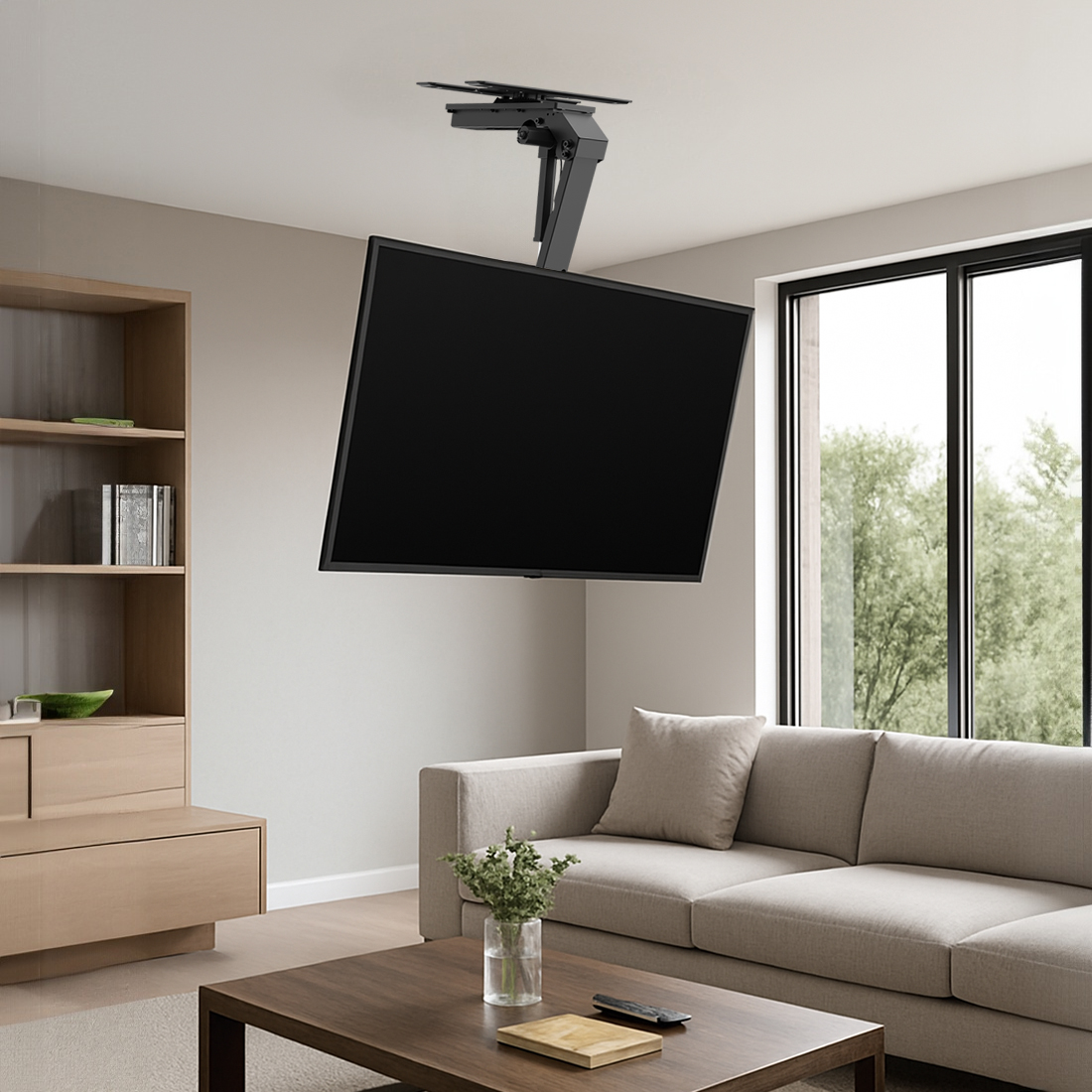 uchwyt sufitowy do tv, elektryczny uchwyt tv z obrotem, inteligentny uchwyt do tv, tv mount z Tuya, uchwyt do tv 86 cali, uchwyt tv z pilotem, smart uchwyt sufitowy, obrotowy uchwyt tv sufitowy