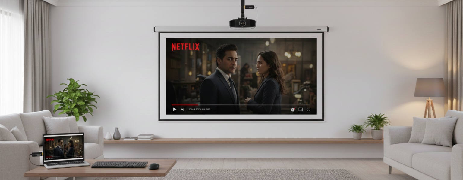 Zestaw do projektora: ekran, uchwyt, transmiter, klawiatura i mysz