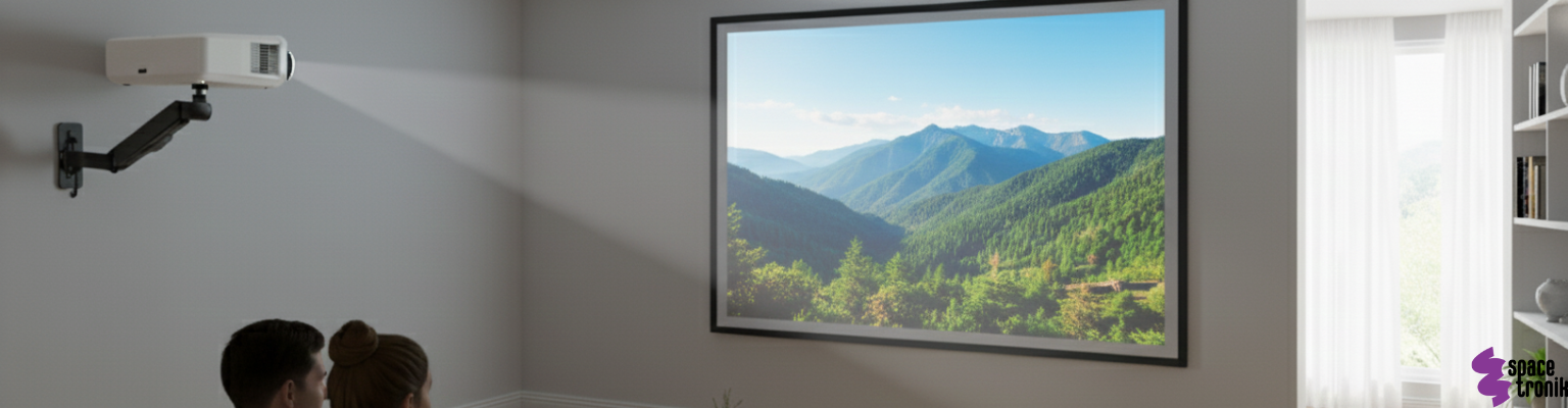ekran projekcyjny ramowy 100 cali 16:9 ultracienka ramka 10 mm Spacetronik PRS-F04 uchwyt scienny SPAZ110B sprężyna gazowa VESA 75x75 100x100 adapter 1/4 projektor