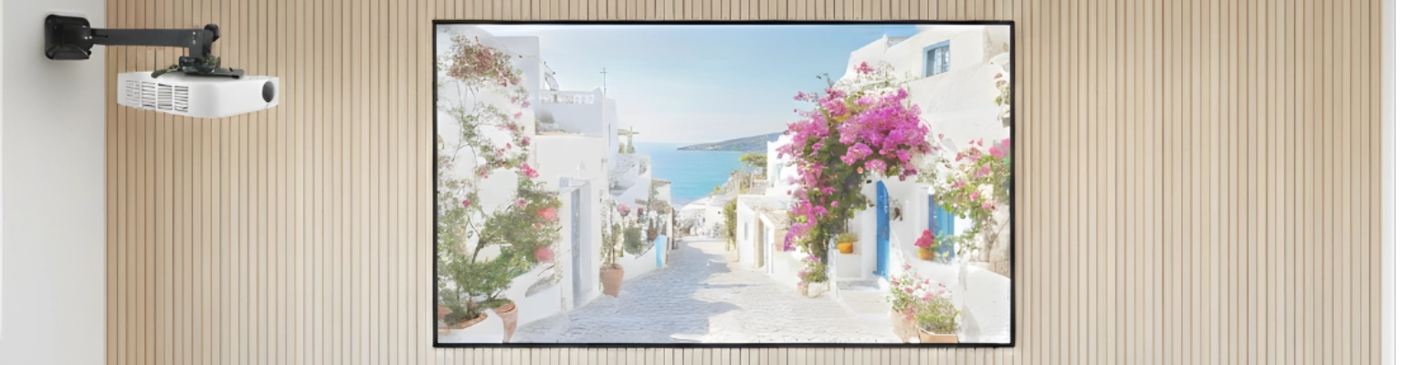 ekran projekcyjny ramowy 100 cali 16:9 Spacetronik PRS-F04 ultracienka ramka 10 mm uchwyt sufitowy do projektora Spacetronik SPA-P02B transmiter HDMI bezprzewodowy Spacetronik SPH-W32