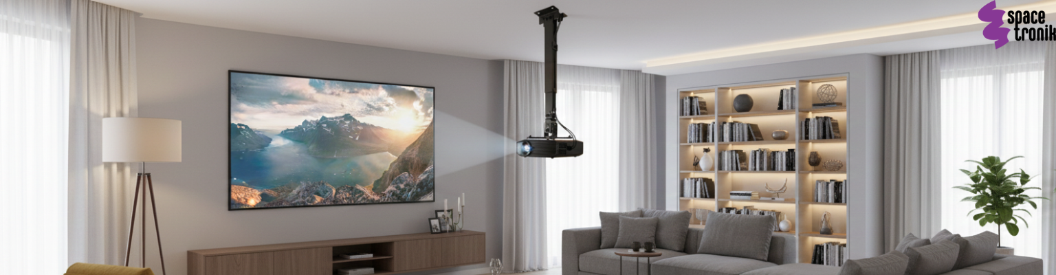 ekran projekcyjny ramowy Spacetronik PRS-F04 rozmiar do wyboru 16:9 ultracienka ramka 10 mm uchwyt do projektora sufitowo scienny 20 kg Spacetronik kolor do wyboru