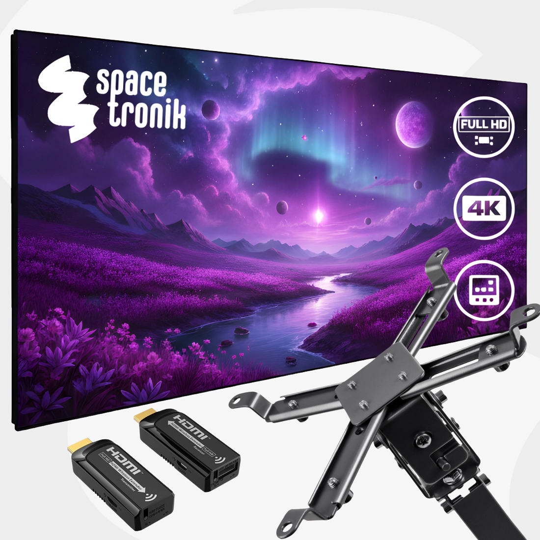 Zestaw do kina domowego Spacetronik: ekran PRS-F04 + uchwyt SPA-P01B + transmiter HDMI SPH-W21