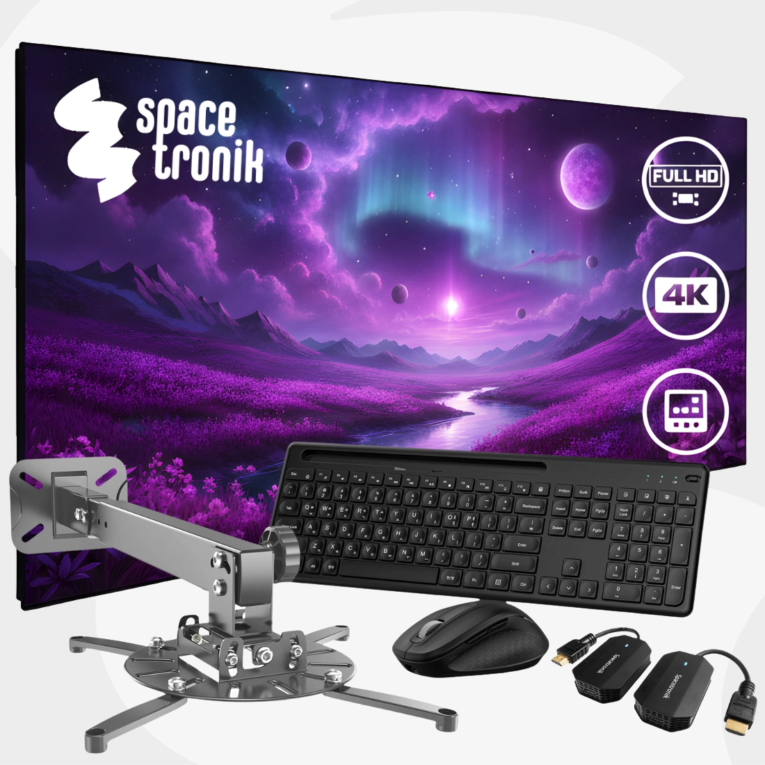 Zestaw do projektora: ekran ramowy, uchwyt sufitowy, transmiter HDMI, klawiatura i mysz