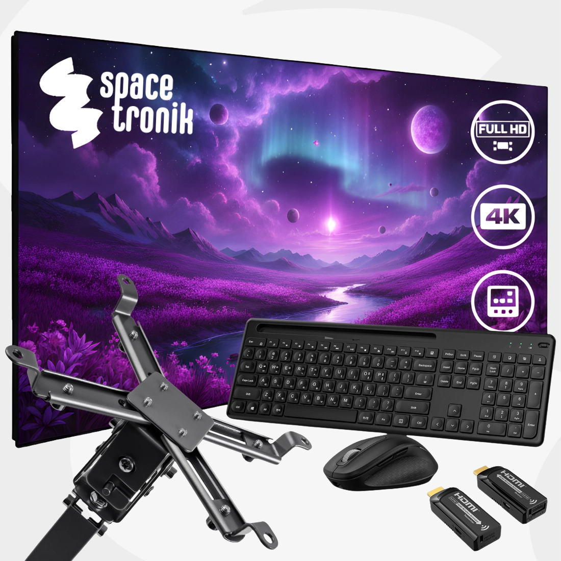 Zestaw: ekran projekcyjny 100 cali, uchwyt do projektora, transmiter HDMI, klawiatura i mysz