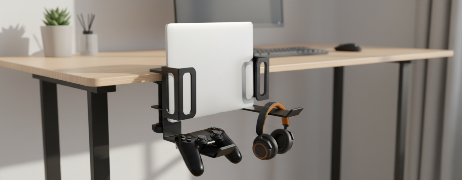 Uchwyt podbiurkowy SPB-026B na laptopa i słuchawki pod blatem biurka
