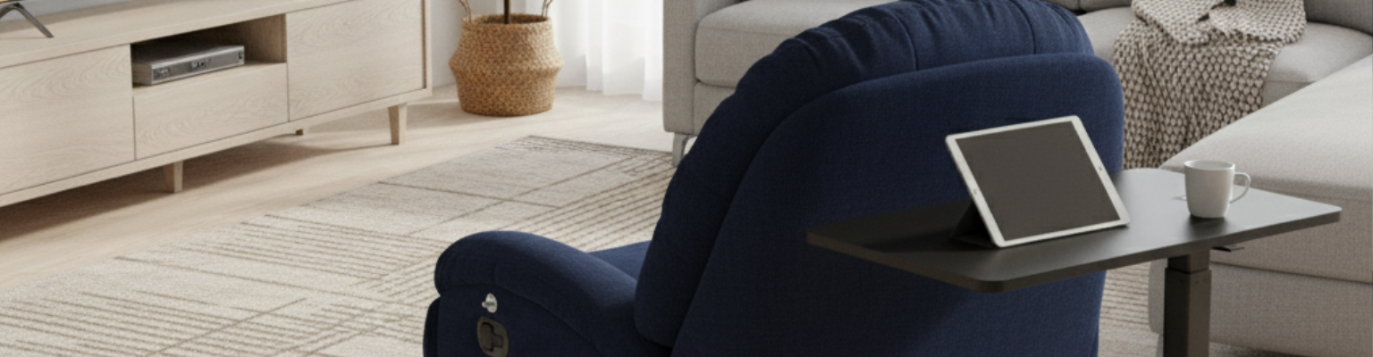 Zestaw: Fotel Spacetronik Flax 04M granatowy i stolik przyłóżkowy BUDDY 07 czarny