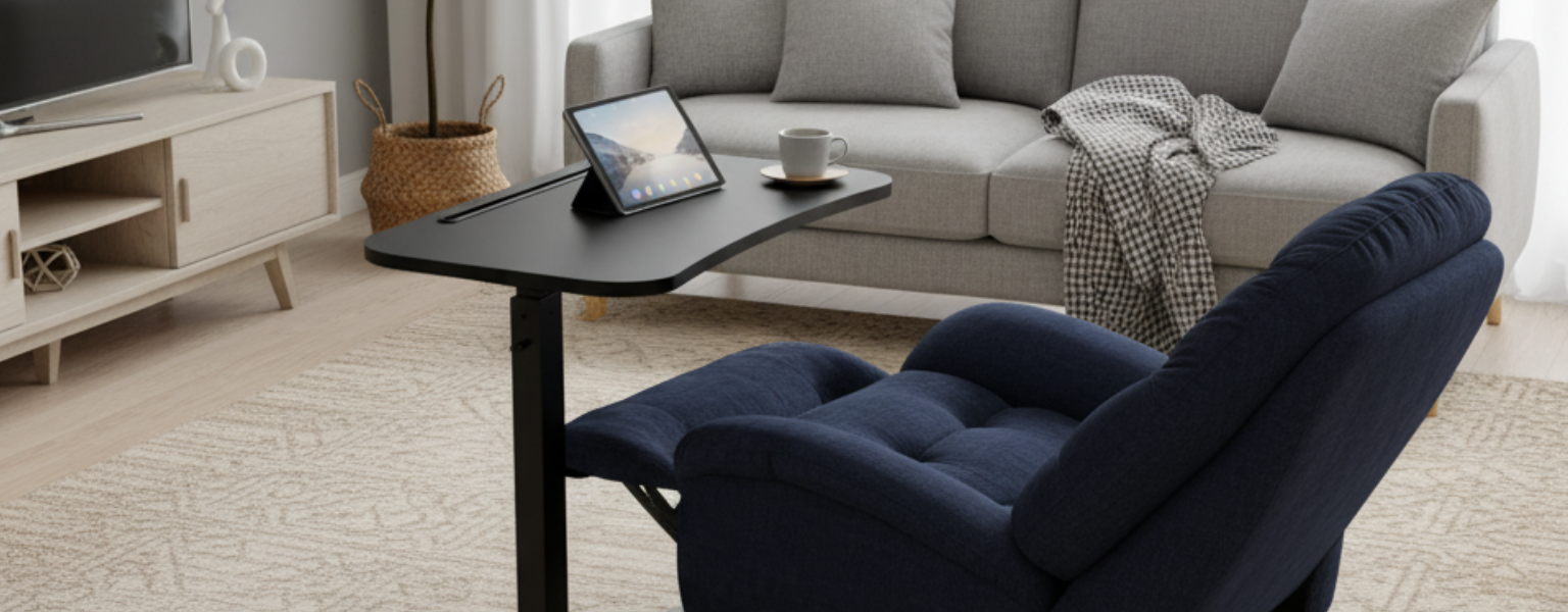 Zestaw: Flax 04M granatowy i BUDDY 19 – relaks i praca przy fotelu/łóżku