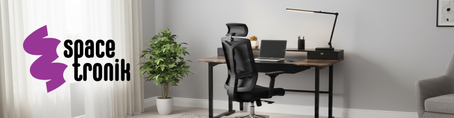 Zestaw biurko elektryczne z fotelem ergonomicznym i lampą kreślarską Spacetronik