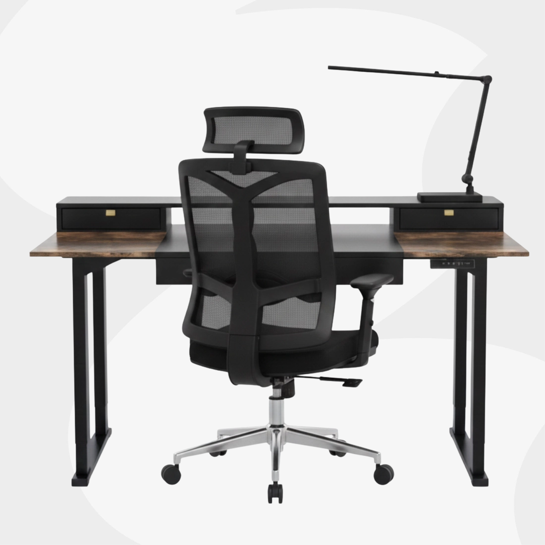 Zestaw biurko z regulacją wysokości, fotel ergonomiczny i lampa kreślarska Spacetronik