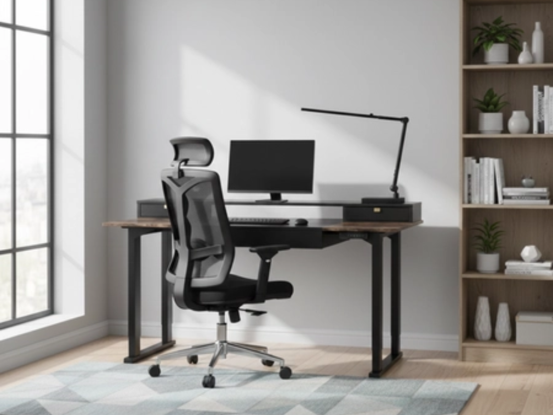 Biurko z szufladami i półką na monitory