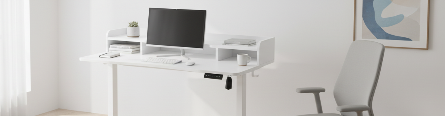 Biurko elektryczne SPEF134WW z szufladą i USB — ergonomia do home office